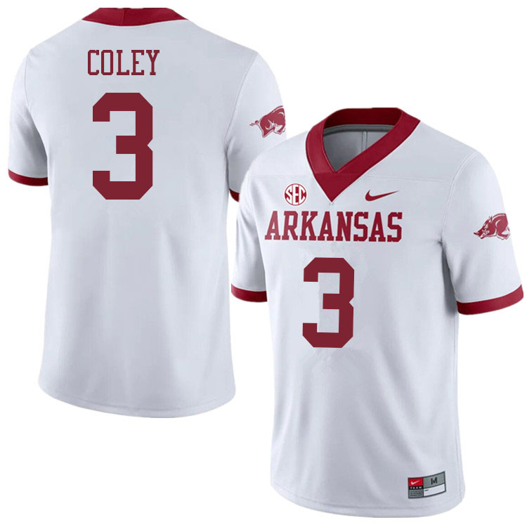 Men #3 Lucas Coley Arkansas Razorbacks College Football Jerseys Sale-Alternate White